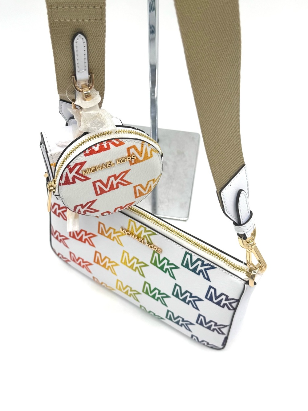 Michael Kors Jet Set Price Medium Crossbody W Tech Accessories Rainbow MK Logo - Picture 6 of 10